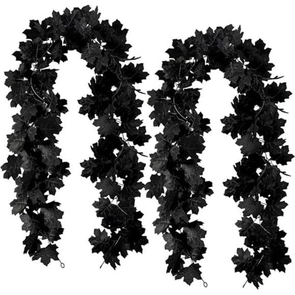 Black Maple Leaf Garland, 2PCS Halloween Artificial Hanging Fall Leave Vines